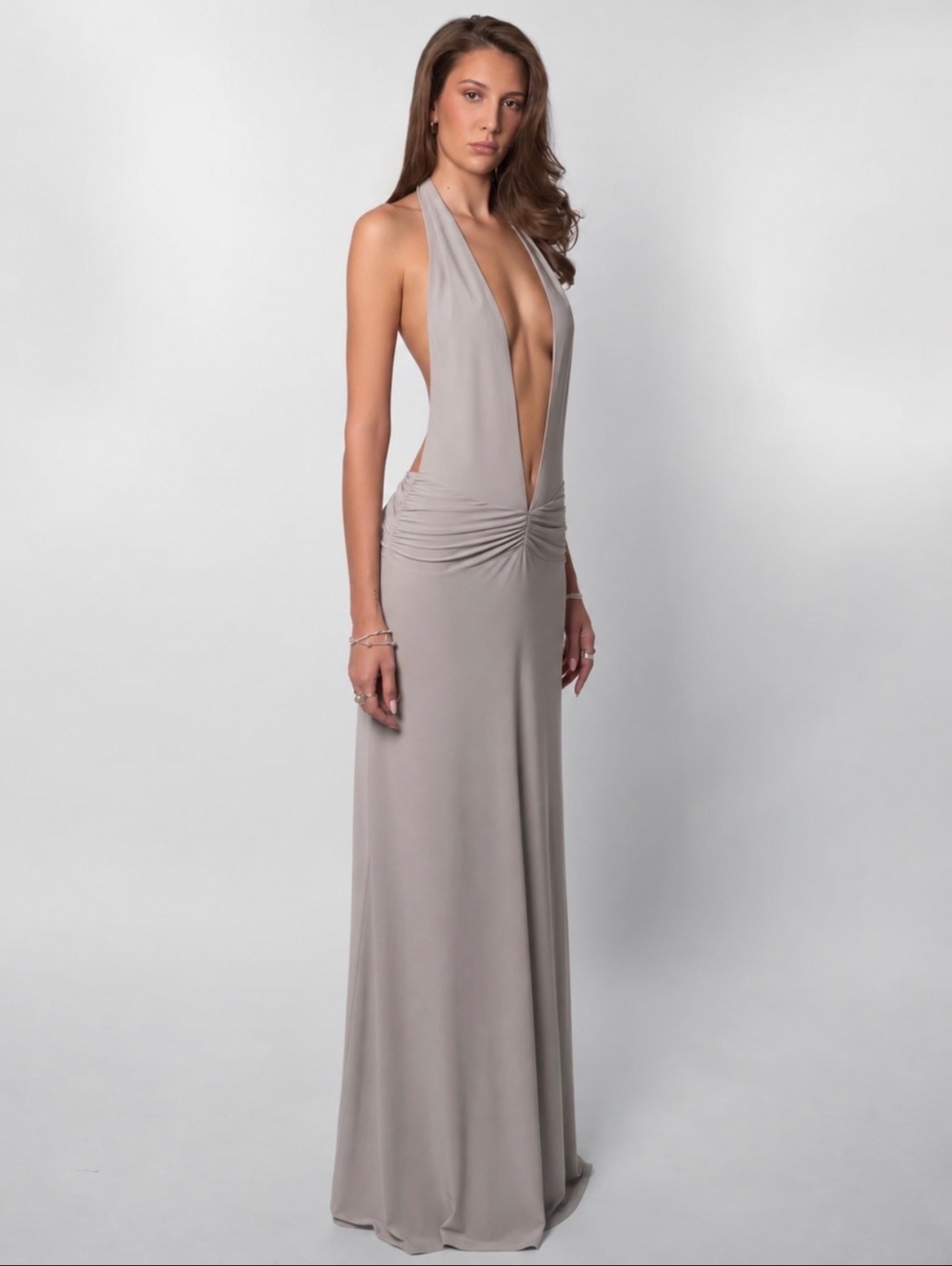 Fenity Gray Halter Neck Maxi Dress with Ruched Waist Paloma Maxi